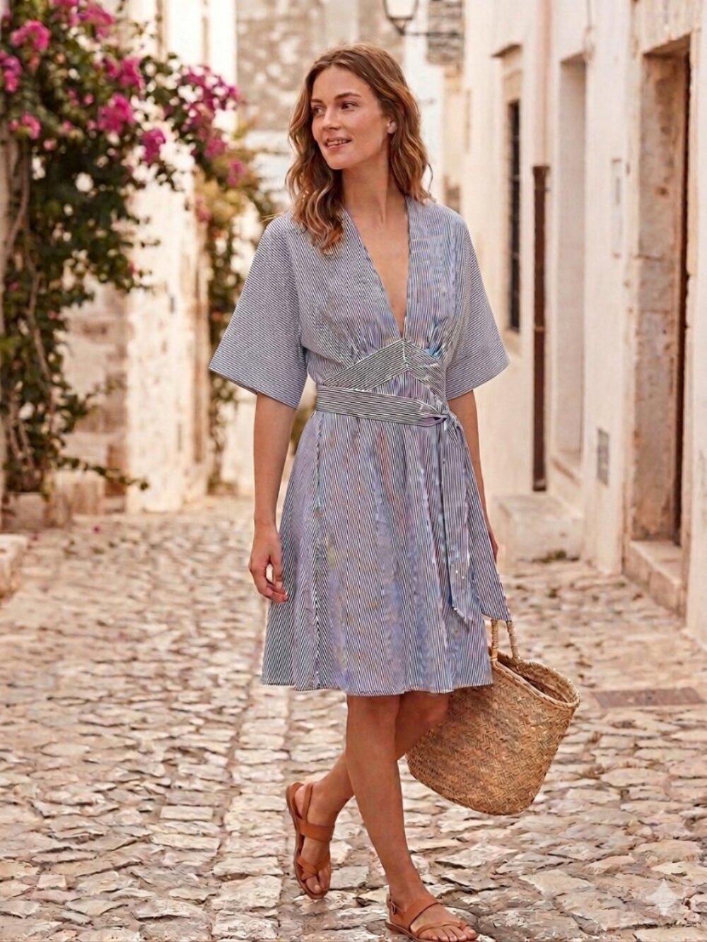 STORIA Blue White Striped V neck Short Sleeve Midi Dress Small
